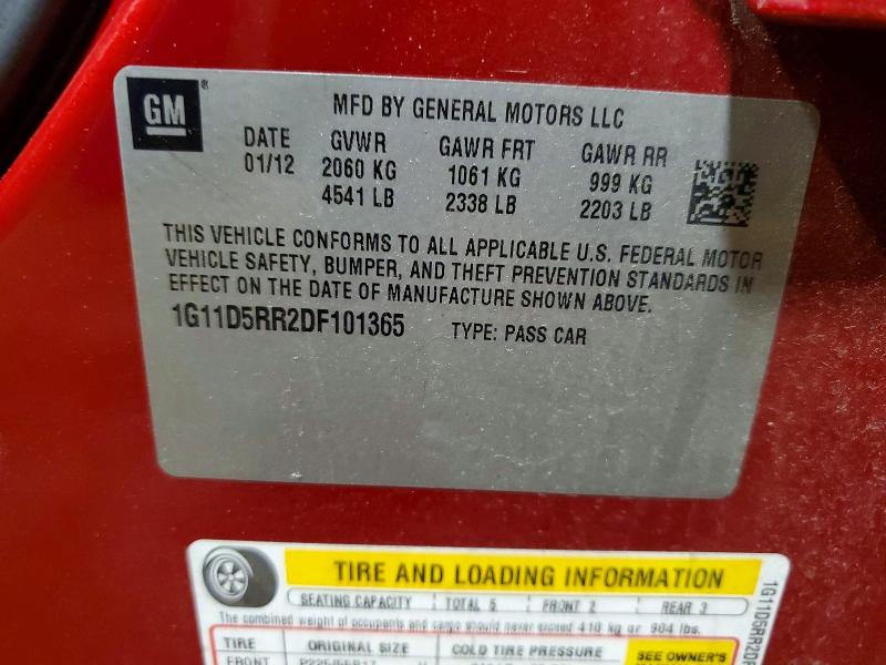 2013 Chevrolet Malibu მანქანა იყიდება აუქციონზე, vin: 1G11D5RR2DF101365, აუქციონის ნომერი: 61885606