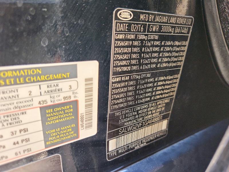 Продажа на аукционе авто 2016 Land Rover Range Rover Sport, vin: SALWG2VF1GA648801, номер лота: 60434336