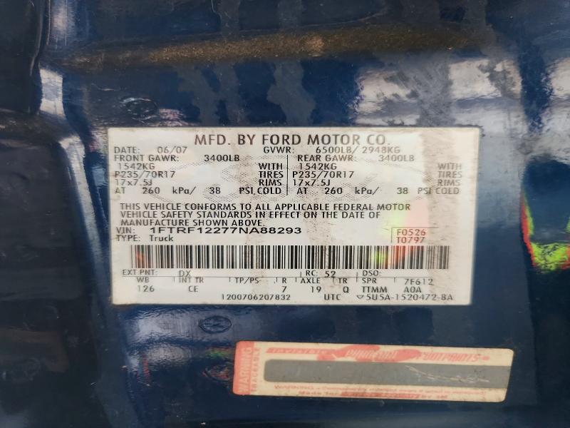 2007 Ford F150 მანქანა იყიდება აუქციონზე, vin: 1FTRF12277NA88293, აუქციონის ნომერი: 60213896