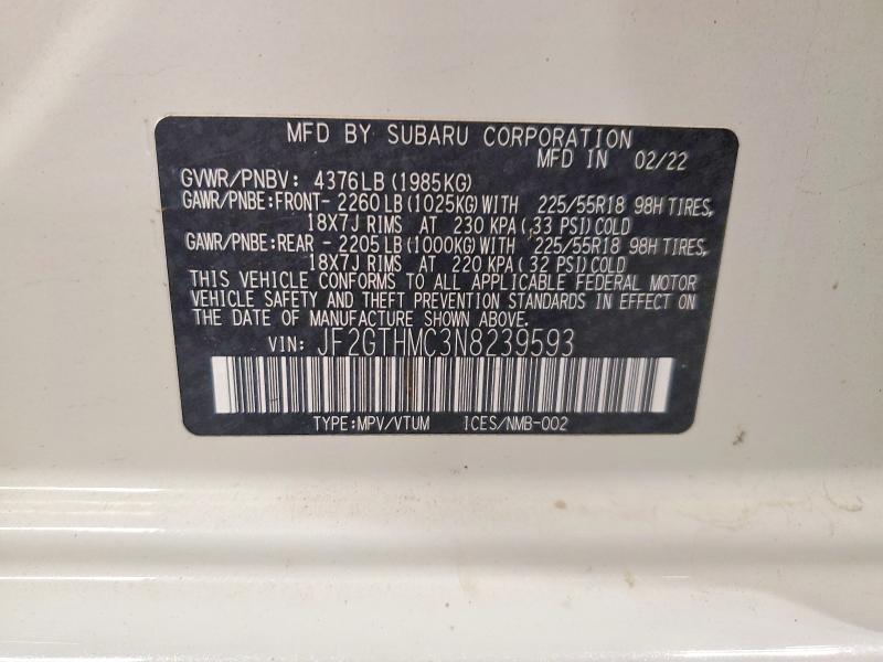 Продаж на аукціоні авто 2022 Subaru Crosstrek, vin: JF2GTHMC3N8239593, номер лоту: 59259786