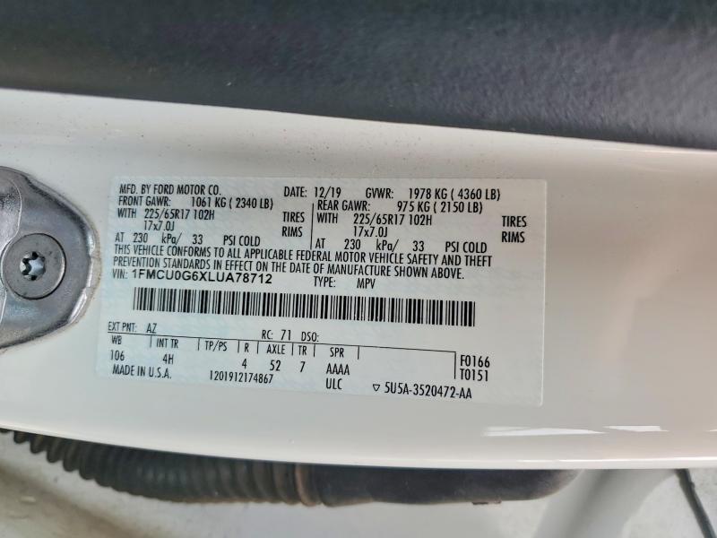 2020 Ford Escape მანქანა იყიდება აუქციონზე, vin: 1FMCU0G6XLUA78712, აუქციონის ნომერი: 58843336