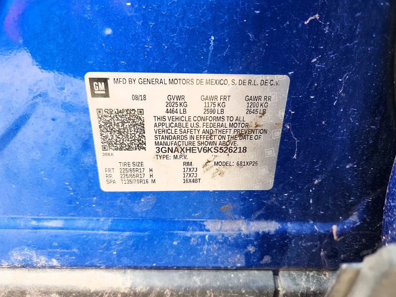 Продажа на аукционе авто 2019 Chevrolet Equinox, vin: 3GNAXHEV6KS526218, номер лота: 61595926