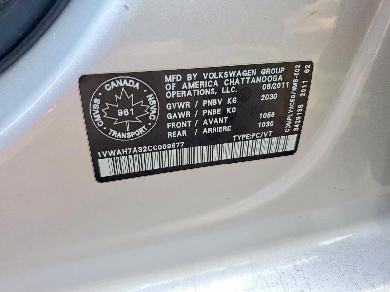 Aukcja sprzedaży 2012 Volkswagen Passat, vin: 1VWAH7A32CC009877, numer aukcji: 58468206