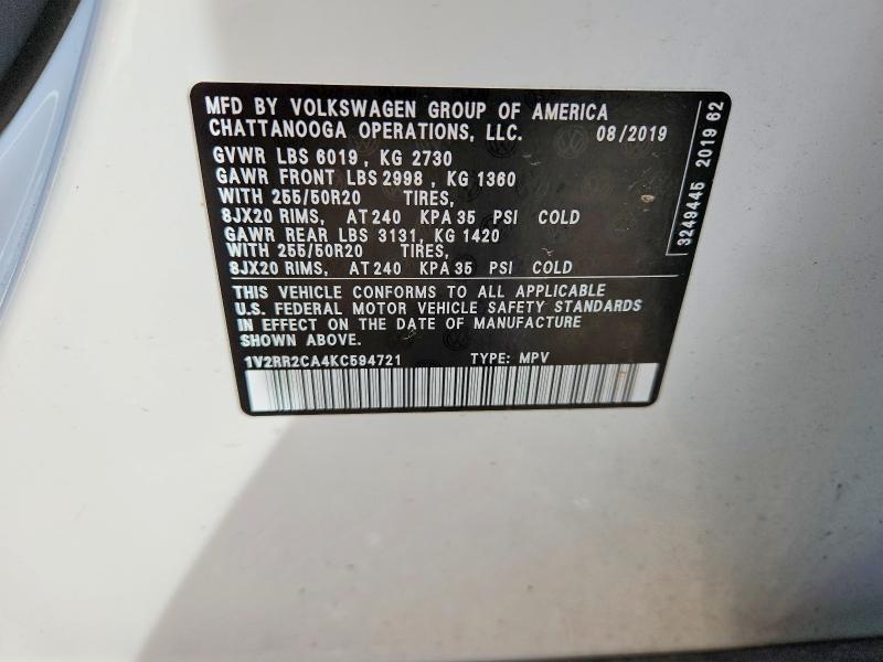 2019 Volkswagen Atlas მანქანა იყიდება აუქციონზე, vin: 1V2RR2CA4KC594721, აუქციონის ნომერი: 61050376