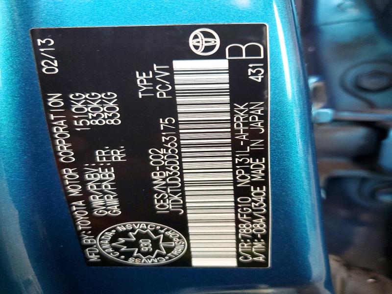 Aukcja sprzedaży 2013 Toyota Yaris, vin: JTDKTUD36DD563175, numer aukcji: 62483236
