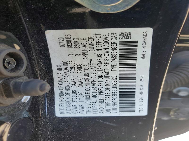 Продаж на аукціоні авто 2020 Honda Civic, vin: 2HGFC2F83LH569520, номер лоту: 60805586