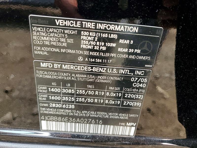 Aukcja sprzedaży 2006 Mercedes-benz Ml, vin: 4JGBB86E36A027616, numer aukcji: 60896576