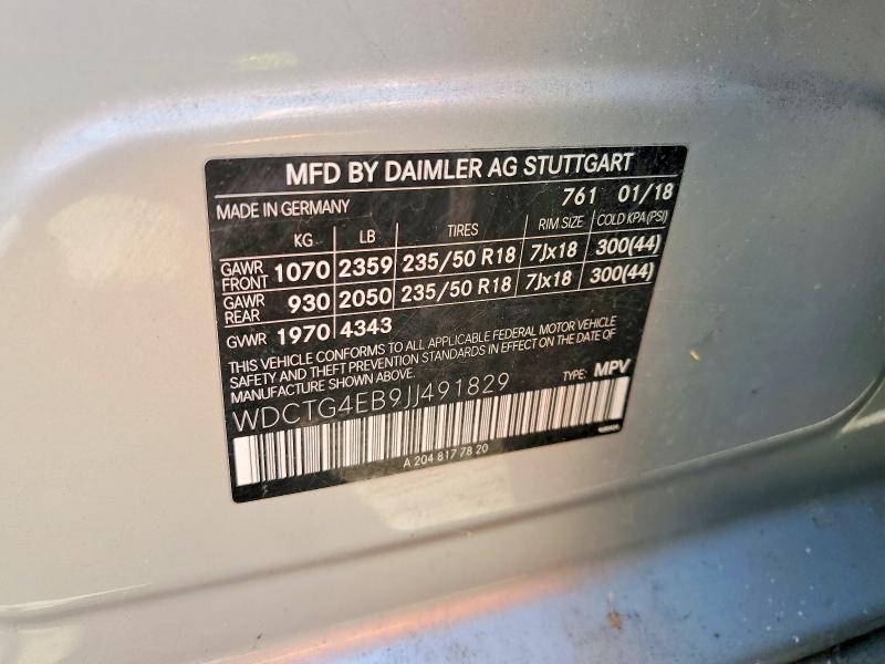 Aukcja sprzedaży 2018 Mercedes-benz Gla, vin: WDCTG4EB9JJ491829, numer aukcji: 59897066