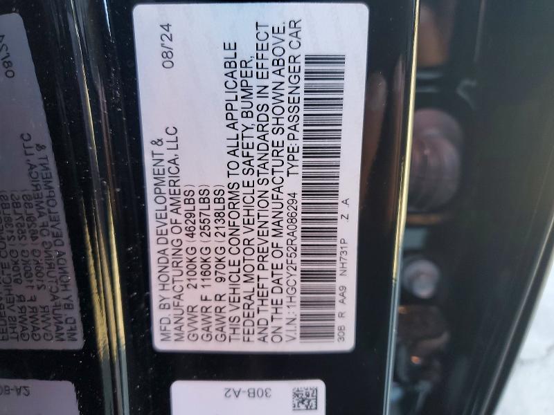 2024 Honda Accord მანქანა იყიდება აუქციონზე, vin: 1HGCY2F52RA086294, აუქციონის ნომერი: 61087986