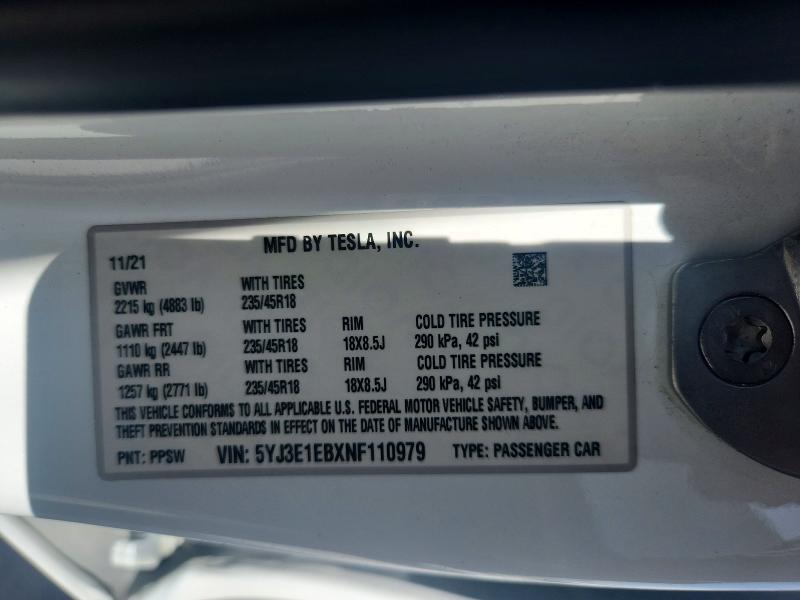 Aukcja sprzedaży 2022 Tesla Model 3, vin: 5YJ3E1EBXNF110979, numer aukcji: 61318436