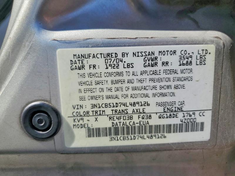 Продаж на аукціоні авто 2004 Nissan Sentra, vin: 3N1CB51D74L489126, номер лоту: 60134026