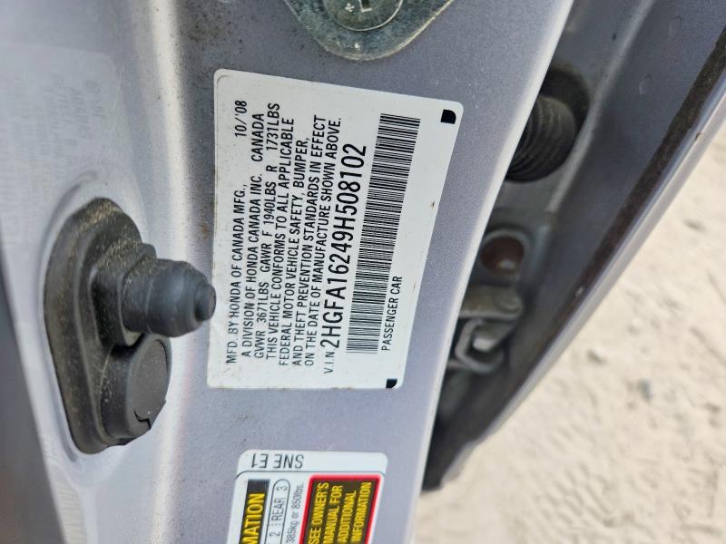 2009 Honda Civic მანქანა იყიდება აუქციონზე, vin: 2HGFA16249H508102, აუქციონის ნომერი: 60850856