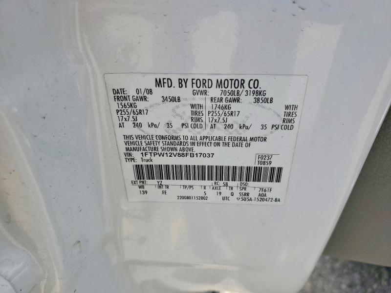 60119056 :رقم المزاد ، 1FTPW12V88FB17037 vin ، 2008 Ford F150 مزاد بيع