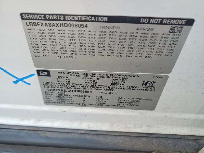 61976856 :رقم المزاد ، LRBFXASAXHD098054 vin ، 2017 Buick Envision مزاد بيع