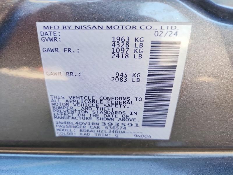 2024 Nissan Altima მანქანა იყიდება აუქციონზე, vin: 1N4BL4DV1RN393591, აუქციონის ნომერი: 63208866