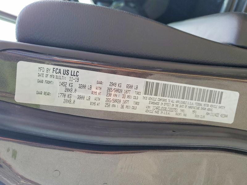 2020 Dodge Durango მანქანა იყიდება აუქციონზე, vin: 1C4RDJDG8LC222751, აუქციონის ნომერი: 60619746