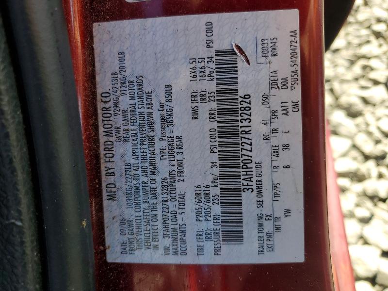 60188086 :رقم المزاد ، 3FAHP07Z27R132826 vin ، 2007 Ford Fusion مزاد بيع