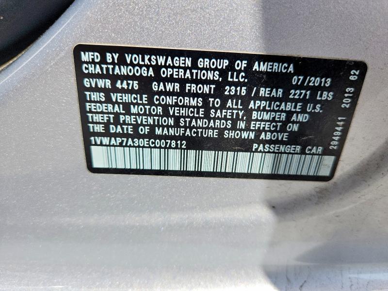 Продаж на аукціоні авто 2014 Volkswagen Passat, vin: 1VWAP7A30EC007812, номер лоту: 58872986
