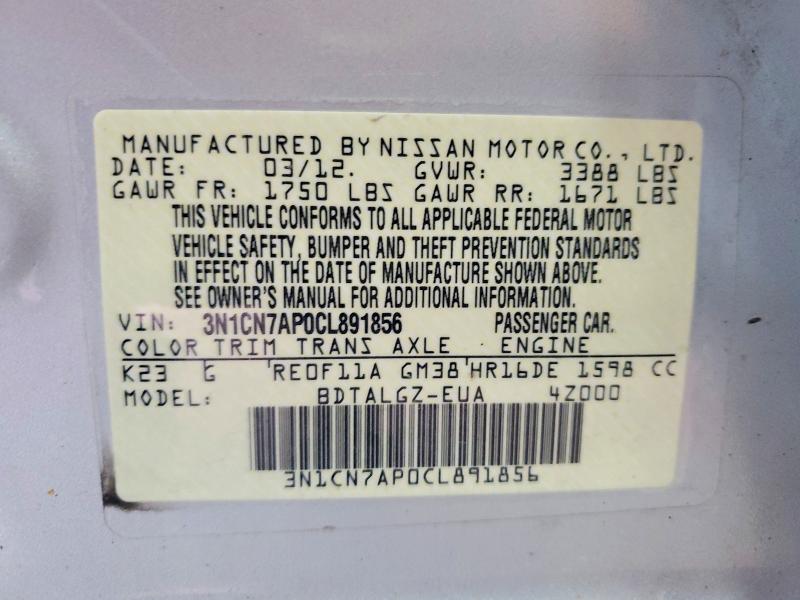 61442356 :رقم المزاد ، 3N1CN7AP0CL891856 vin ، 2012 Nissan Versa مزاد بيع
