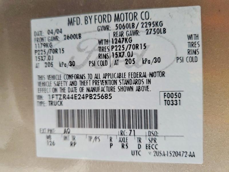 60868426 :رقم المزاد ، 1FTZR44E24PB25685 vin ، 2004 Ford Ranger مزاد بيع