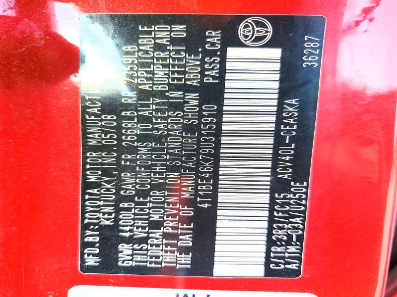 2009 Toyota Camry მანქანა იყიდება აუქციონზე, vin: 4T1BE46K79U315910, აუქციონის ნომერი: 59950636