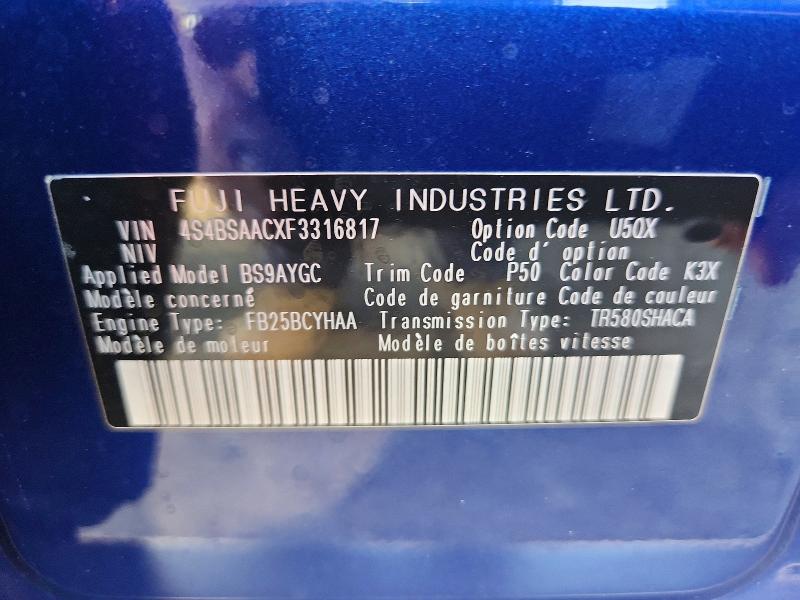 Продажа на аукционе авто 2015 Subaru Outback, vin: 4S4BSAACXF3316817, номер лота: 60897646