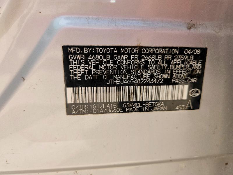 Aukcja sprzedaży 2008 Lexus Es, vin: JTHBJ46G482243472, numer aukcji: 60859726