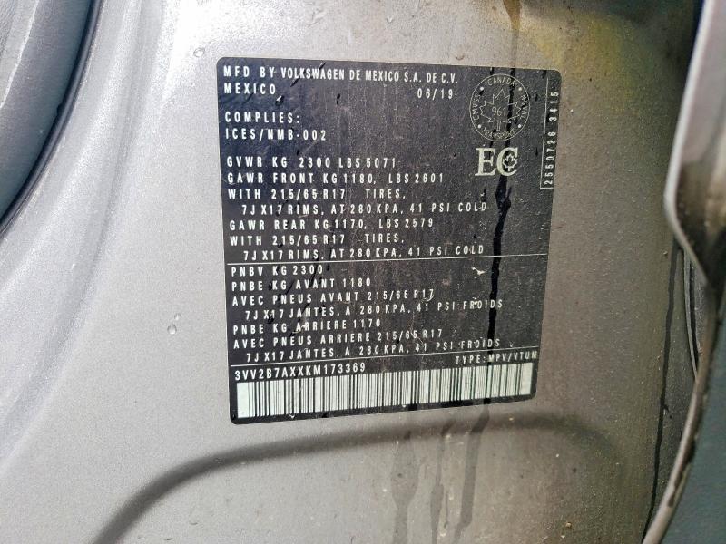 2019 Volkswagen Tiguan მანქანა იყიდება აუქციონზე, vin: 3VV2B7AXXKM173369, აუქციონის ნომერი: 62943486