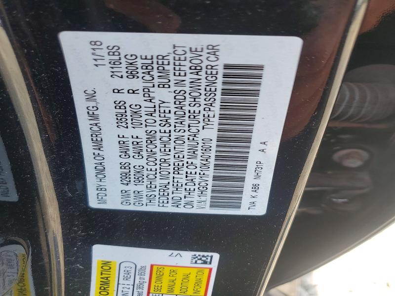 Aukcja sprzedaży 2019 Honda Accord, vin: 1HGCV1F10KA016010, numer aukcji: 58907466