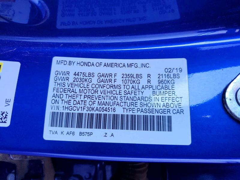 61394076 :رقم المزاد ، 1HGCV1F30KA054516 vin ، 2019 Honda Accord مزاد بيع