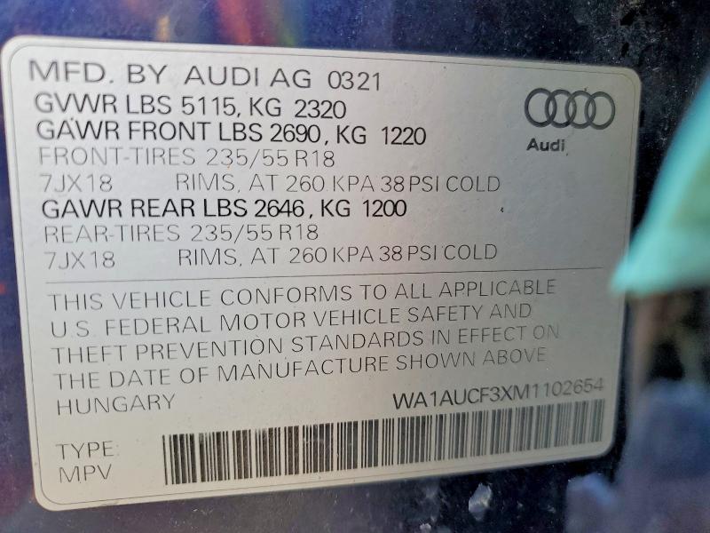 Aukcja sprzedaży 2021 Audi Q3, vin: WA1AUCF3XM1102654, numer aukcji: 57635396