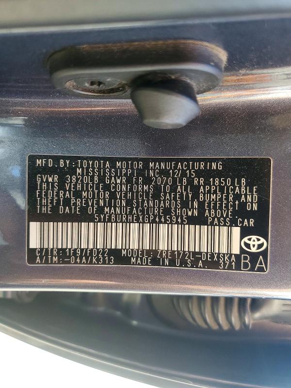 Продажа на аукционе авто 2016 Toyota Corolla, vin: 5YFBURHEXGP445945, номер лота: 59914506