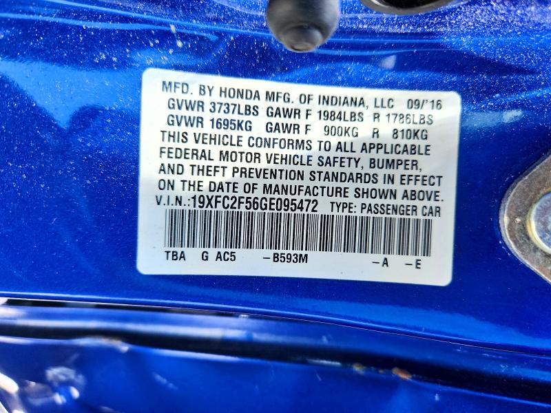 2016 Honda Civic მანქანა იყიდება აუქციონზე, vin: 19XFC2F56GE095472, აუქციონის ნომერი: 62346426