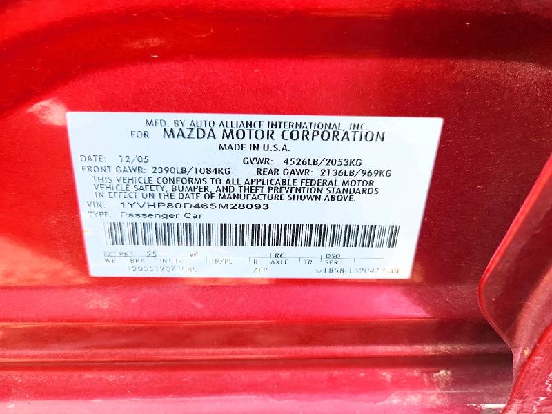 59770156 :رقم المزاد ، 1YVHP80D465M28093 vin ، 2006 Mazda 6 مزاد بيع