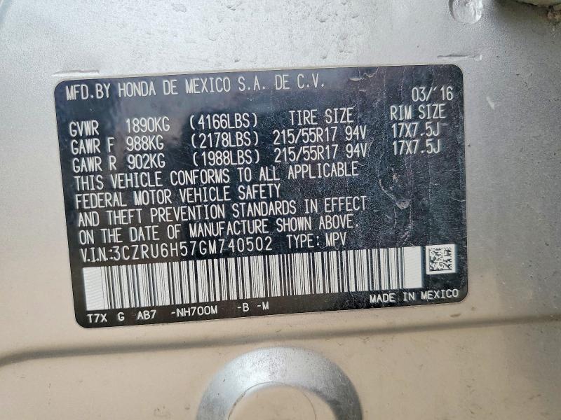 60923946 :رقم المزاد ، 3CZRU6H57GM740502 vin ، 2016 Honda Hr-v مزاد بيع