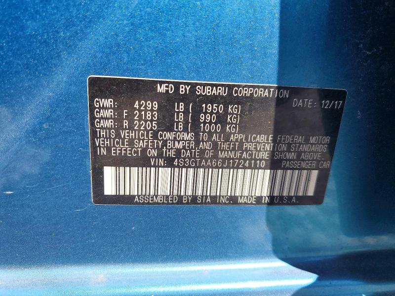 60630306 :رقم المزاد ، 4S3GTAA66J1724110 vin ، 2018 Subaru Impreza مزاد بيع