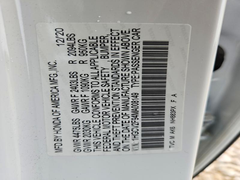 2021 Honda Accord მანქანა იყიდება აუქციონზე, vin: 1HGCV2F94MA008149, აუქციონის ნომერი: 60863536