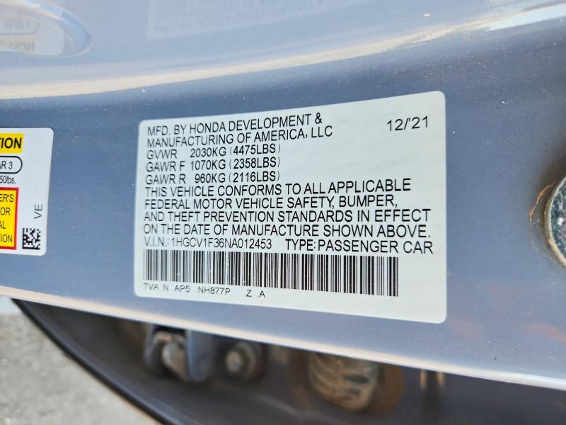 62207756 :رقم المزاد ، 1HGCV1F36NA012453 vin ، 2022 Honda Accord مزاد بيع