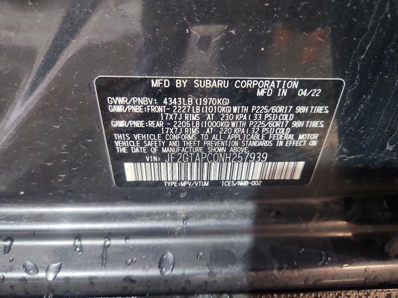 Продаж на аукціоні авто 2022 Subaru Crosstrek, vin: JF2GTAPC0NH257939, номер лоту: 62831046