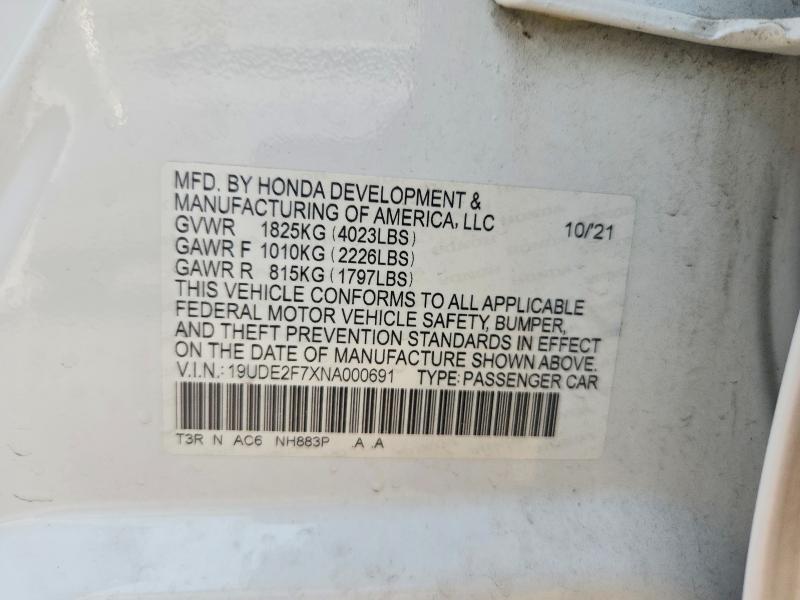 61078206 :رقم المزاد ، 19UDE2F7XNA000691 vin ، 2022 Acura Ilx مزاد بيع