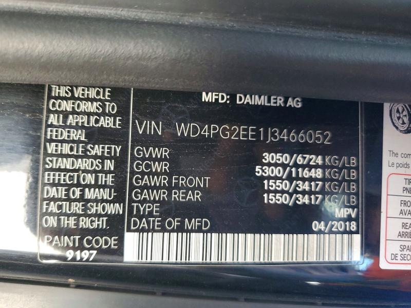 60045166 :رقم المزاد ، WD4PG2EE1J3466052 vin ، 2018 Mercedes-benz Metris مزاد بيع