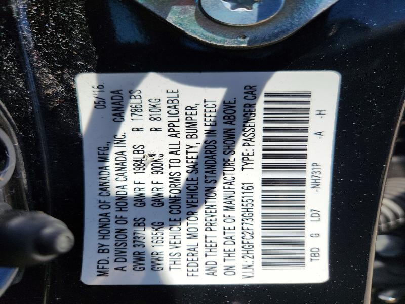 Продажа на аукционе авто 2016 Honda Civic, vin: 2HGFC2F73GH551161, номер лота: 59895066