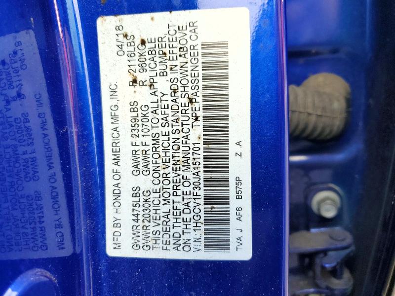 85456645 :رقم المزاد ، 1HGCV1F30JA151701 vin ، 2018 Honda Accord مزاد بيع