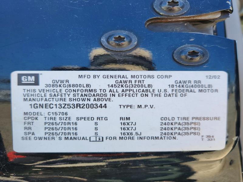 2003 Chevrolet Tahoe მანქანა იყიდება აუქციონზე, vin: 1GNEC13Z53R200344, აუქციონის ნომერი: 59907296