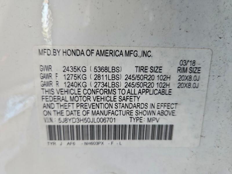 2018 Acura Mdx მანქანა იყიდება აუქციონზე, vin: 5J8YD3H50JL006701, აუქციონის ნომერი: 59271626
