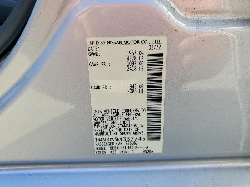 Продаж на аукціоні авто 2022 Nissan Altima, vin: 1N4BL4DV5NN337745, номер лоту: 62290446