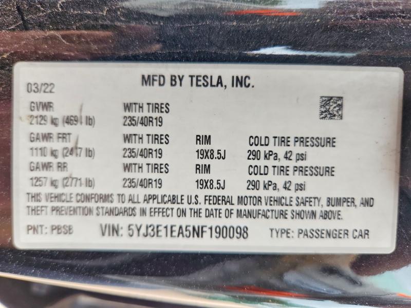 Продажа на аукционе авто 2022 Tesla Model 3, vin: 5YJ3E1EA5NF190098, номер лота: 60212916