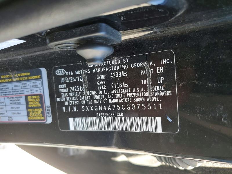 Aukcja sprzedaży 2012 Kia Optima, vin: 5XXGN4A75CG075511, numer aukcji: 62145536
