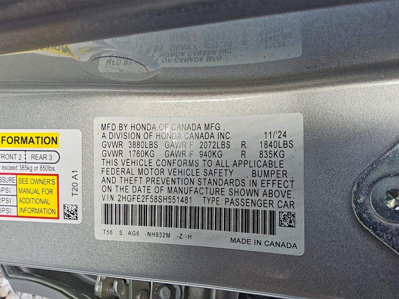 Aukcja sprzedaży 2025 Honda Civic, vin: 2HGFE2F58SH551481, numer aukcji: 59167306