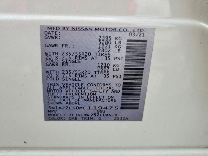 Aukcja sprzedaży 2021 Nissan Murano, vin: 5N1AZ2CS0MC119475, numer aukcji: 60658116